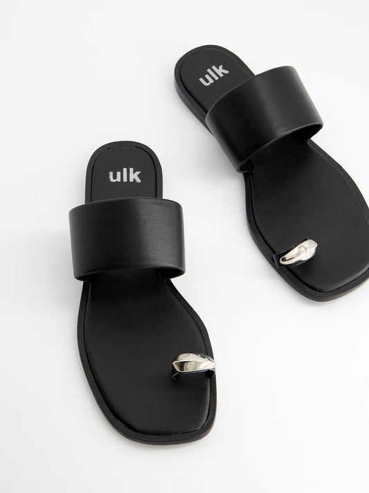 Sandalias planas de piel toe-ring negro - Fraser