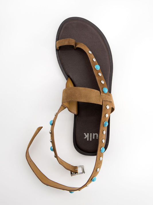 Sandalias planas de piel con remaches turquesa - Poman