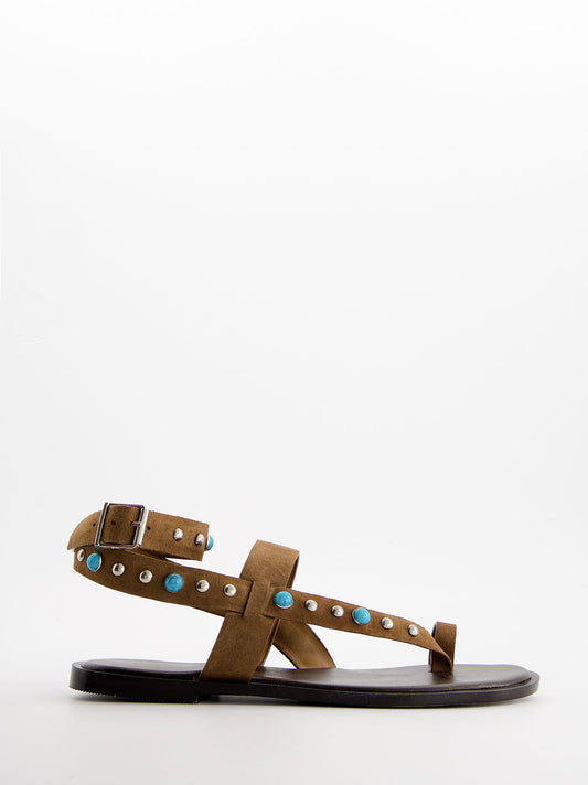 Sandalias planas de piel con remaches turquesa - Poman