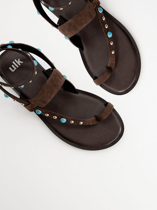 Sandalias planas de piel con remaches turquesa - Poman