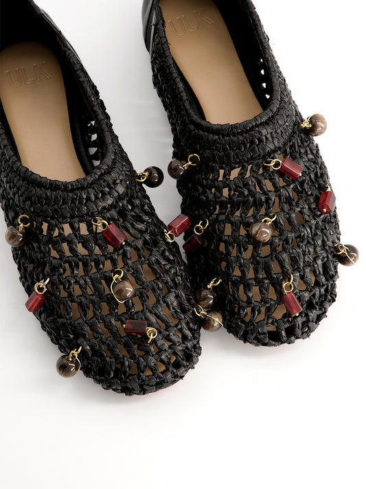Black Braided Ballerinas with Beads - Bare