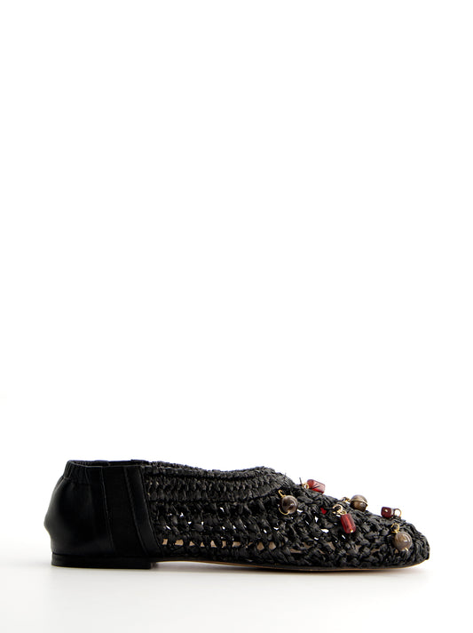 Black Braided Ballerinas with Beads - Bare