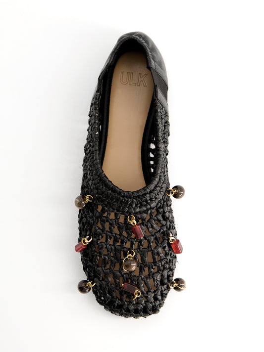Black Braided Ballerinas with Beads - Bare