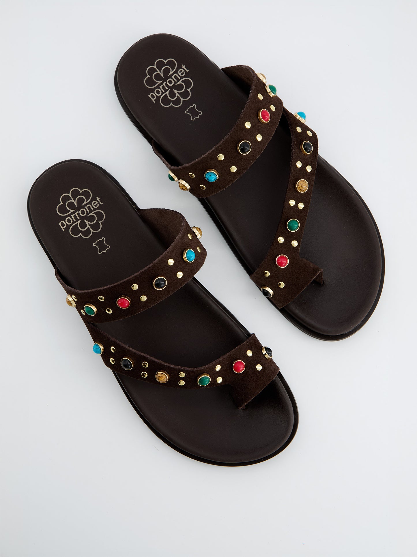 Sandalias Porronet Marrones Con Pedrería Multicolor