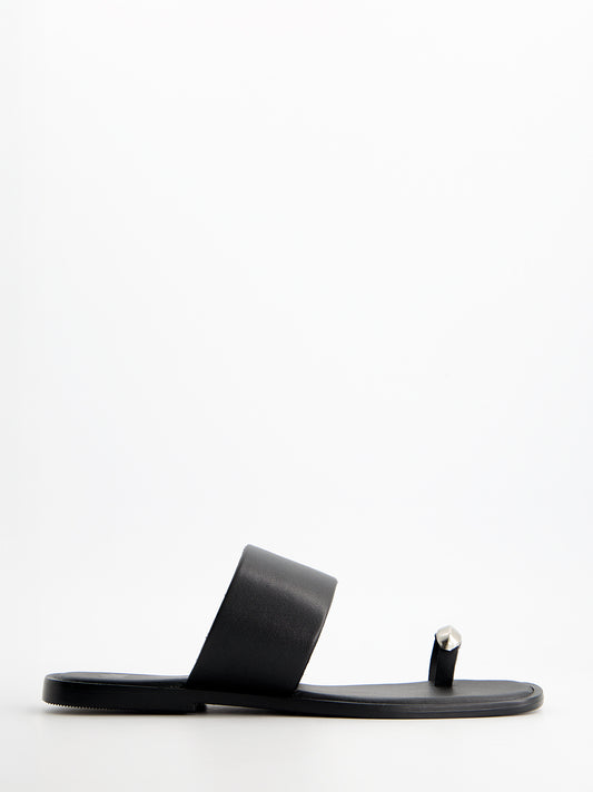 Sandalias planas de piel toe-ring negro - Fraser