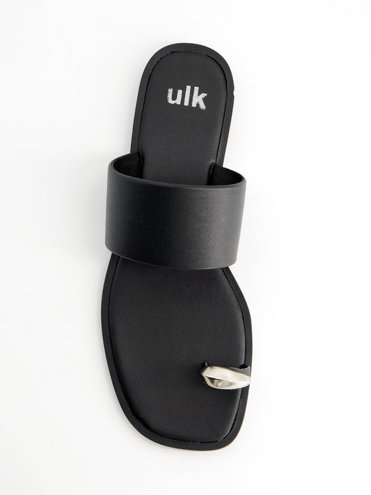 Sandalias planas de piel toe-ring negro - Fraser