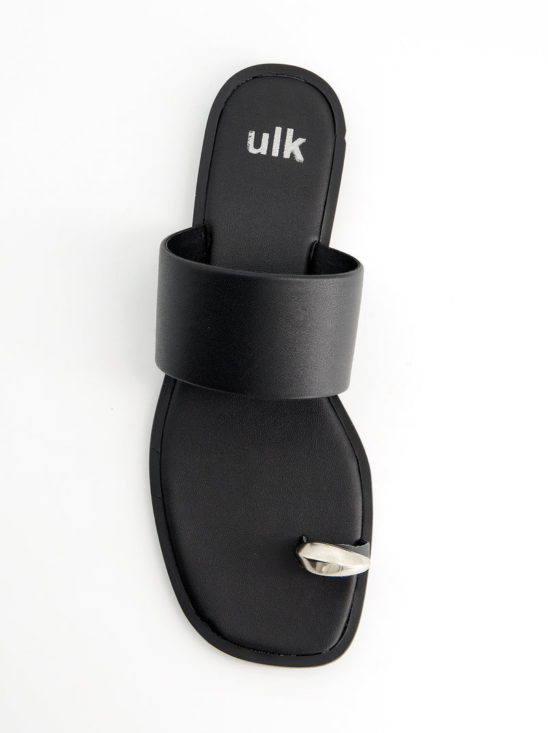 Sandalias planas de piel toe-ring negro - Fraser