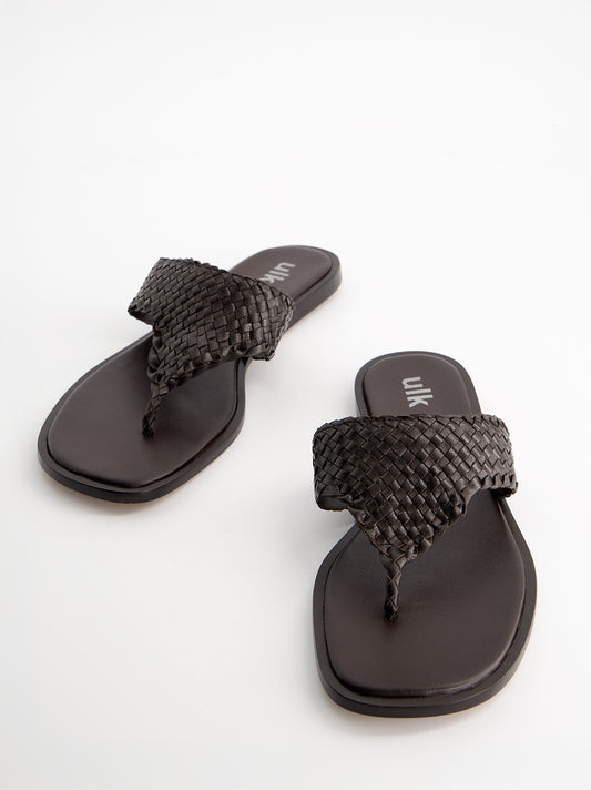 Sandalia thong de piel trenzada - Castor