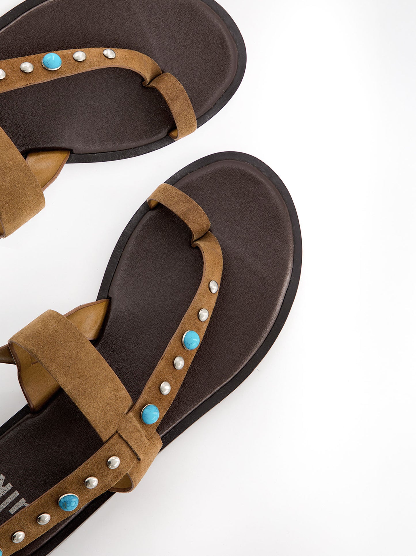 Sandalias planas de piel con remaches turquesa - Poman