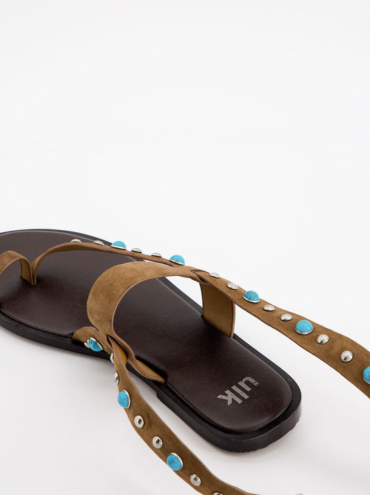 Sandalias planas de piel con remaches turquesa - Poman