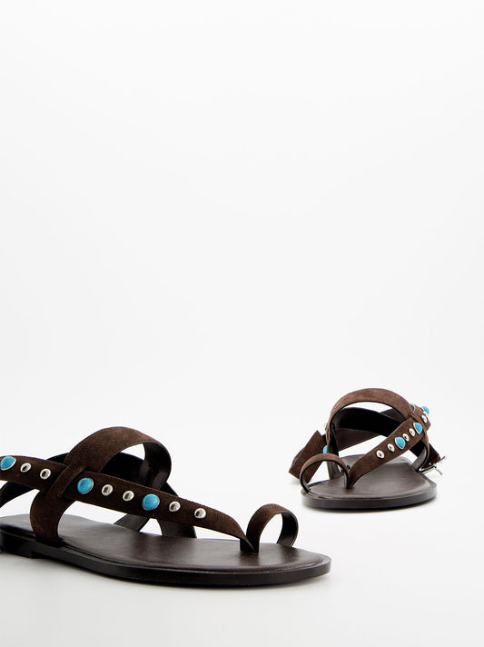 Sandalias planas de piel con remaches turquesa - Poman