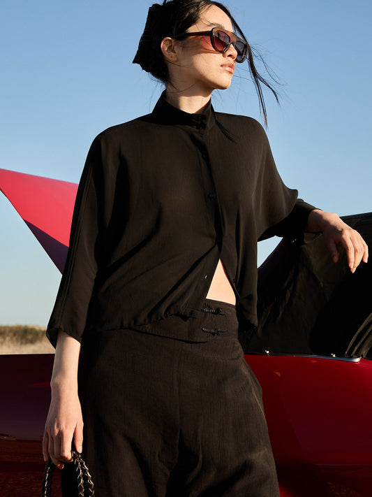 Black fluid shirt with adjustable hem - Kaika