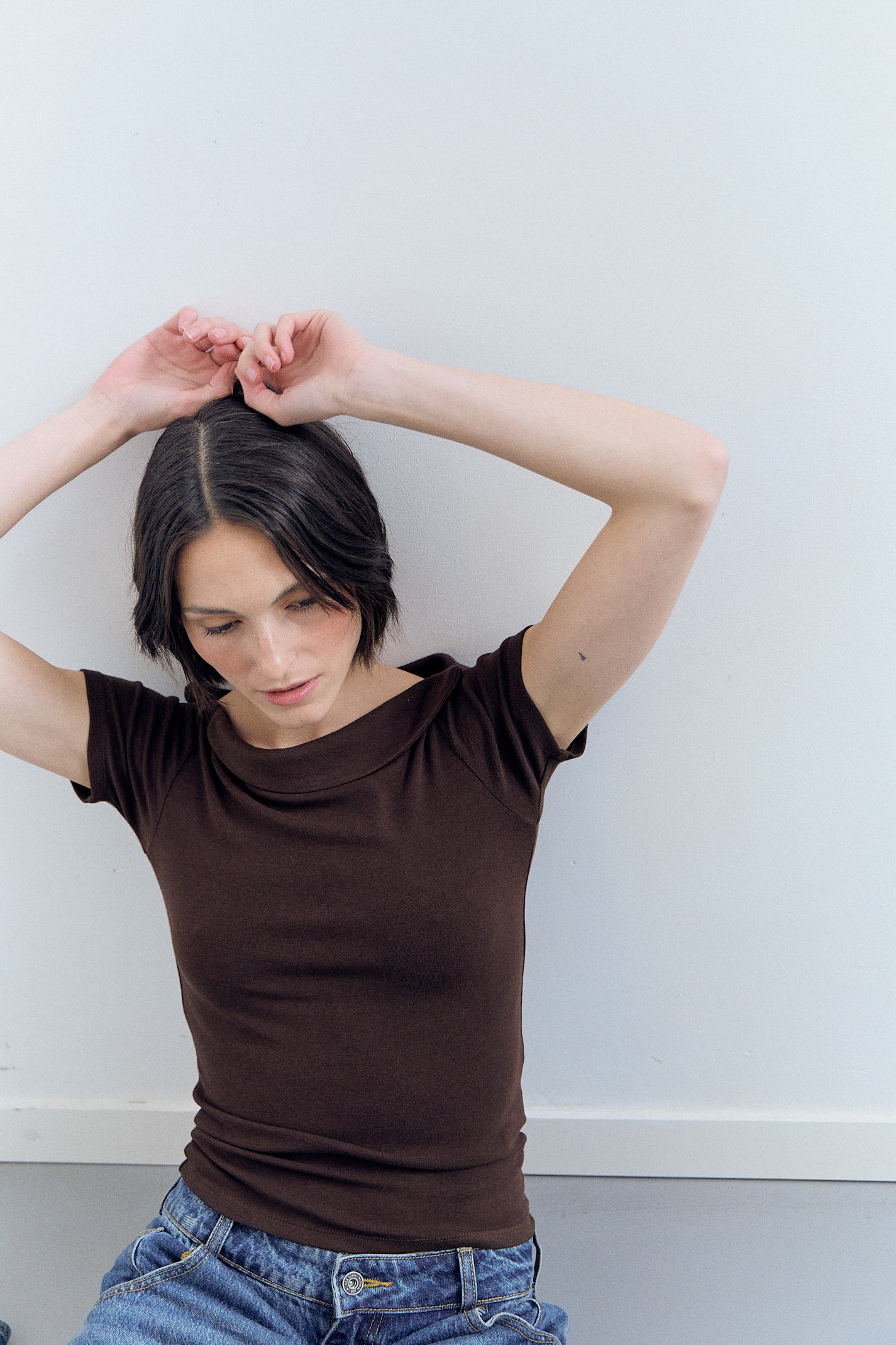 Brown top with folded boat neck - Wave