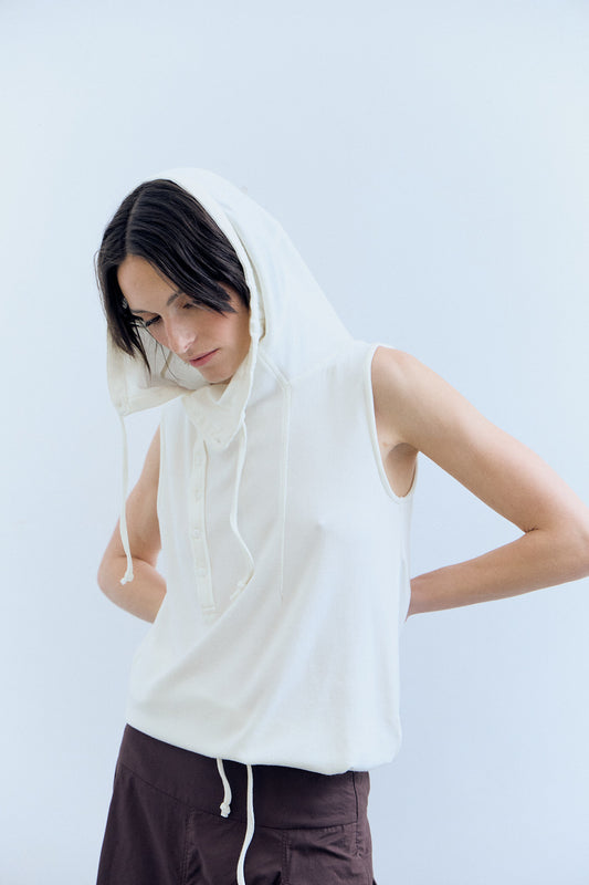 Asymmetric-neck vest with hood - Two