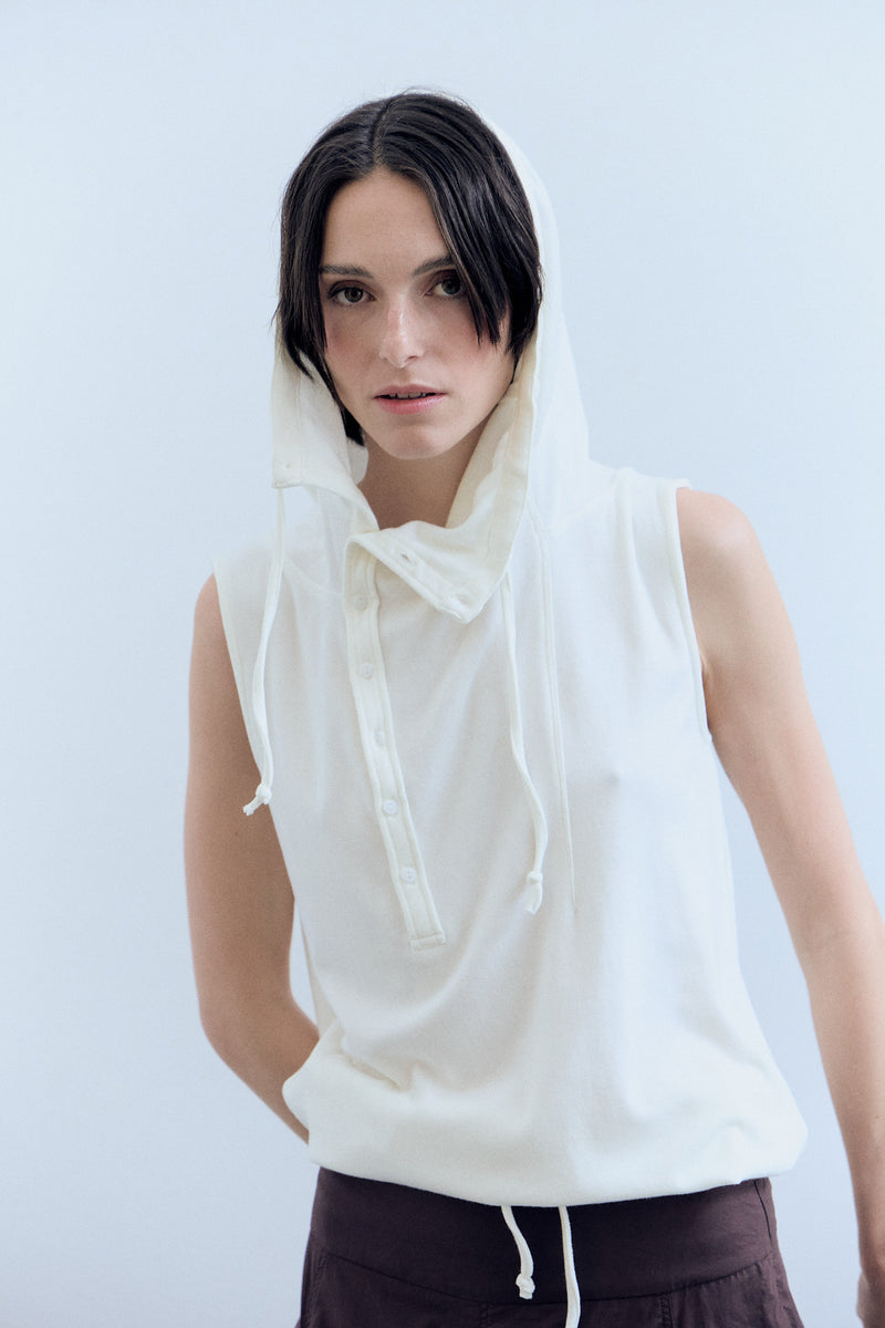 Asymmetric-neck vest with hood - Two