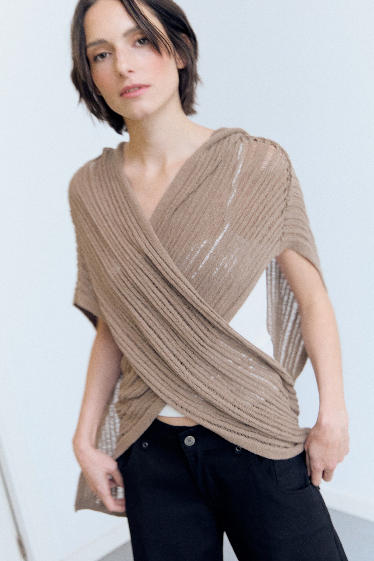 Capa-cardigan de punto multiposición con capucha - Venus