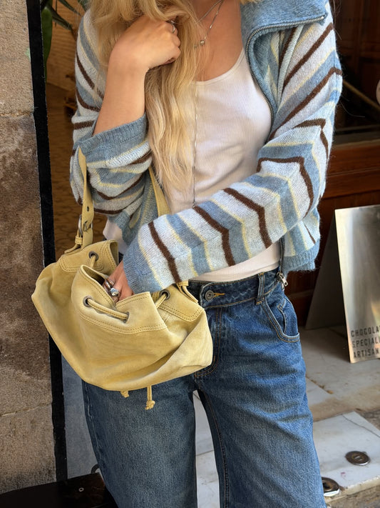 Striped cropped knit jacket with fold-over collar - Luzia