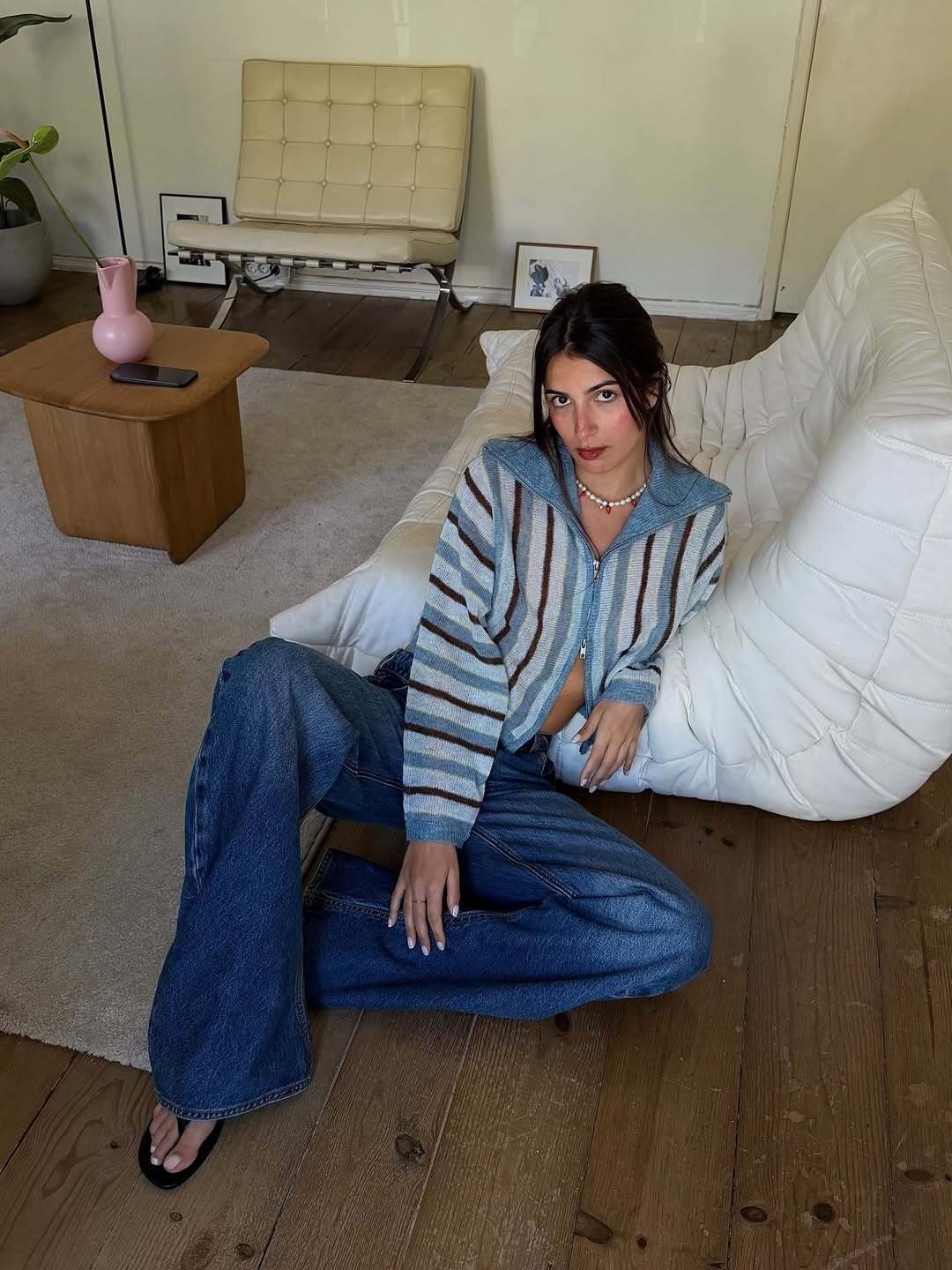 Striped cropped knit jacket with fold-over collar - Luzia