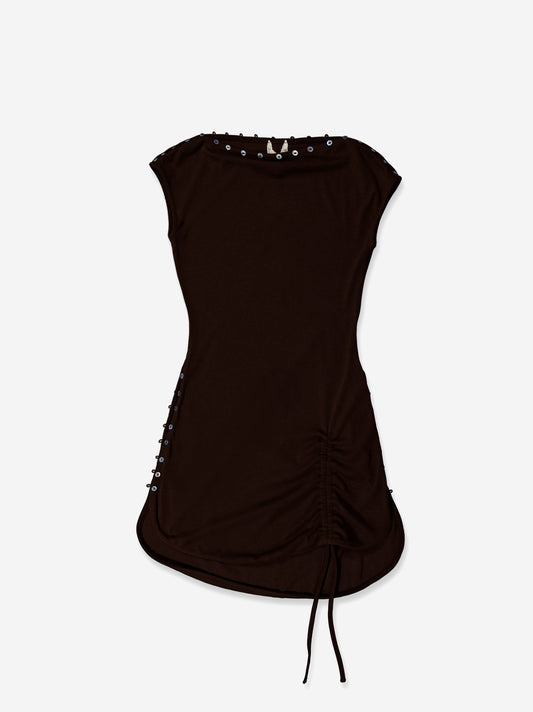 Vestido corto marrón con frunce lateral - Xiqueta
