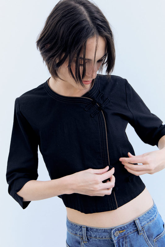 Chaqueta de lino asimétrica estilo oriental - Lupe