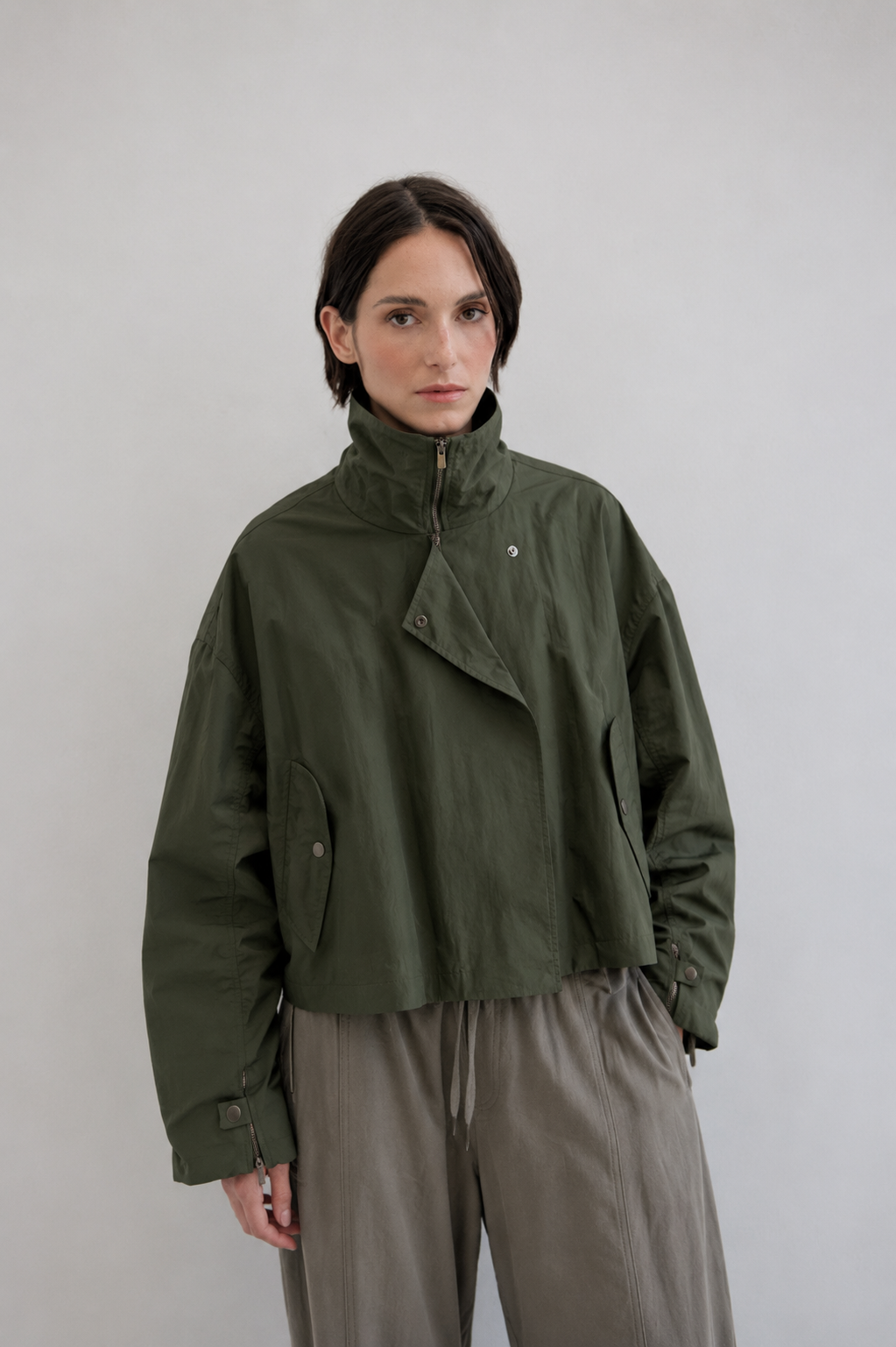 High-neck technical jacket with ruched sleeves - Gemms
