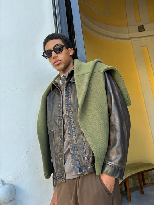 Distressed leather-effect bomber jacket - Nile