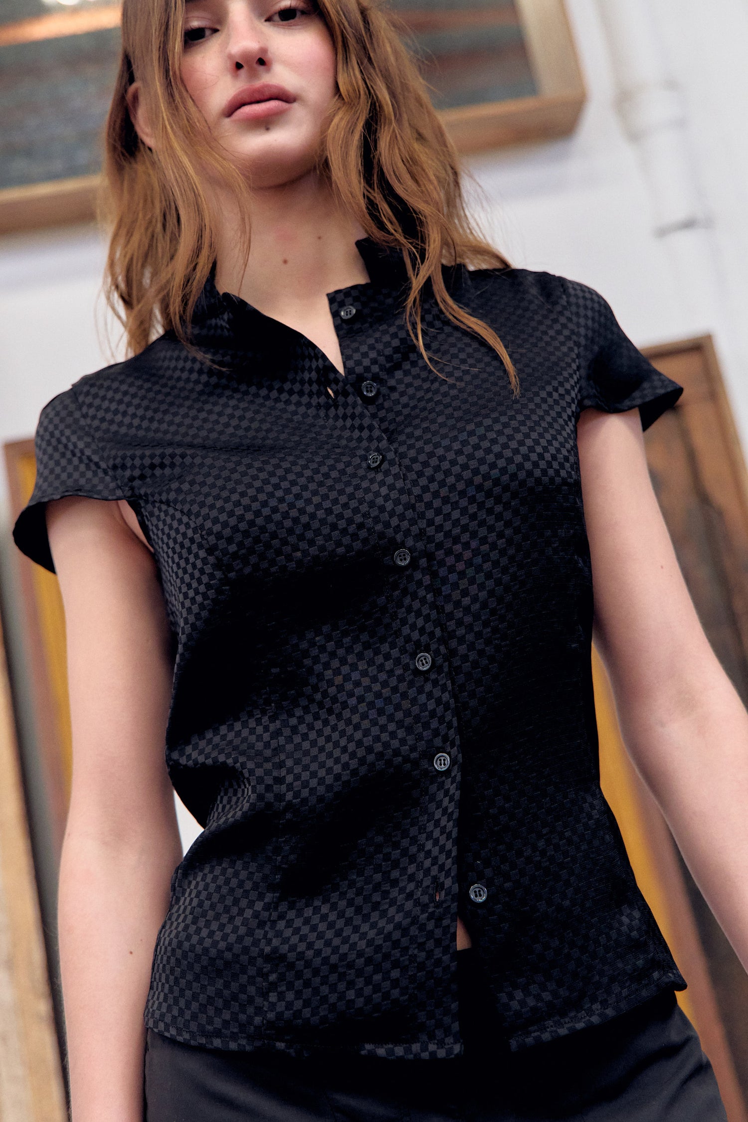 Camisa satinada negra con estampado jacquard - Rin