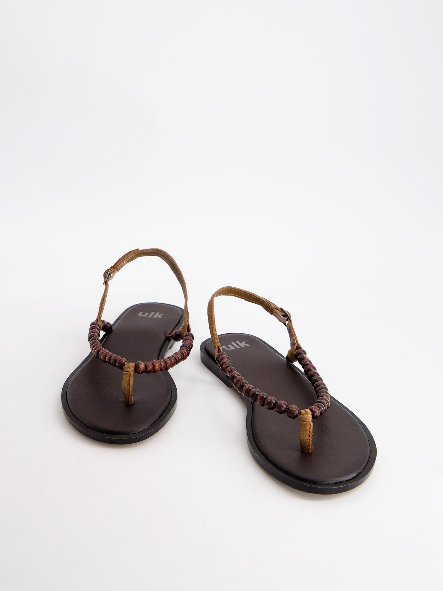 Sandalia Plana Con Bolitas De Madera - Ceniza