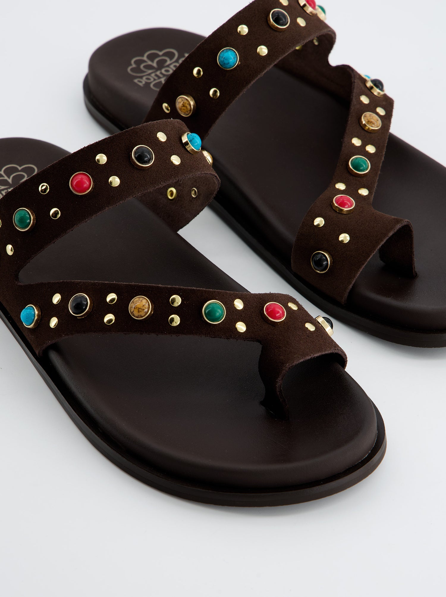 Sandalias Porronet Marrones Con Pedrería Multicolor