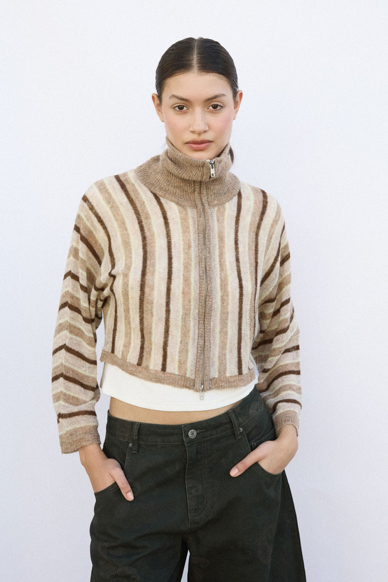 Striped cropped knit jacket with fold-over collar - Luzia